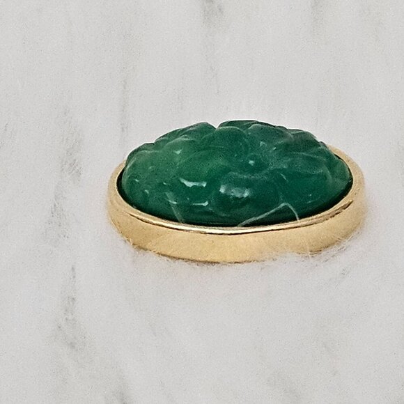 Vintage Gold Tone Carved Floral Green Oval Stud Earrings - Picture 6 of 6
